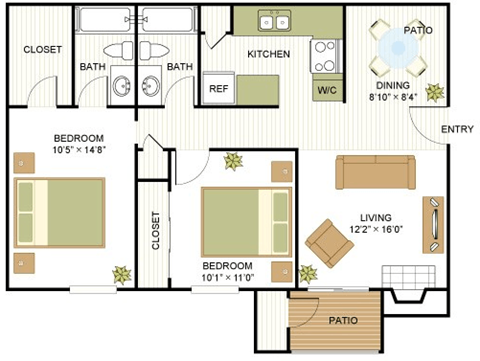 2 bed 2 bath B2 Floor Plan at Sunset Canyon, Texas, 78232